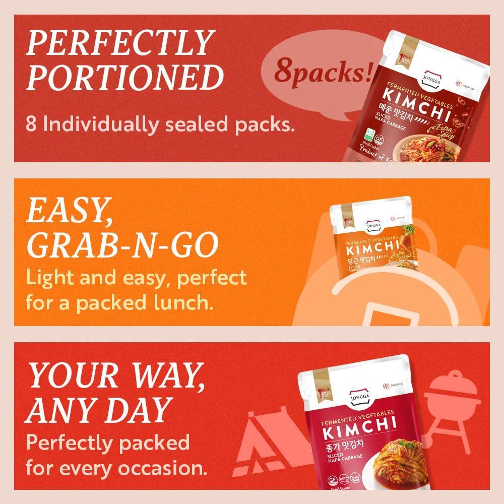JONGGA Spicy Napa Cabbage Kimchi – (Pack of 8), Shelf-Stable Korean Fermented Kimchi, Authentic Spicy Pickled Cabbage, Probiotic-Rich, Perfect for Ramen, Rice & Stir-Fries (Orginal)