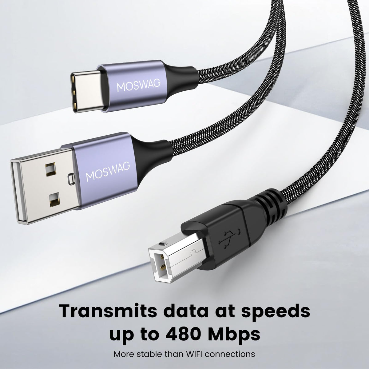 MOSWAG 2in1 USB Printer Cable 3.28FT/1M with USB C to MIDI Cable Printer Cable,USB MIDI Cable USB C to USB B MIDI Cable,Cable,Compatible with Music Instrument,Piano,Midi Keyboard,USB Microphone
