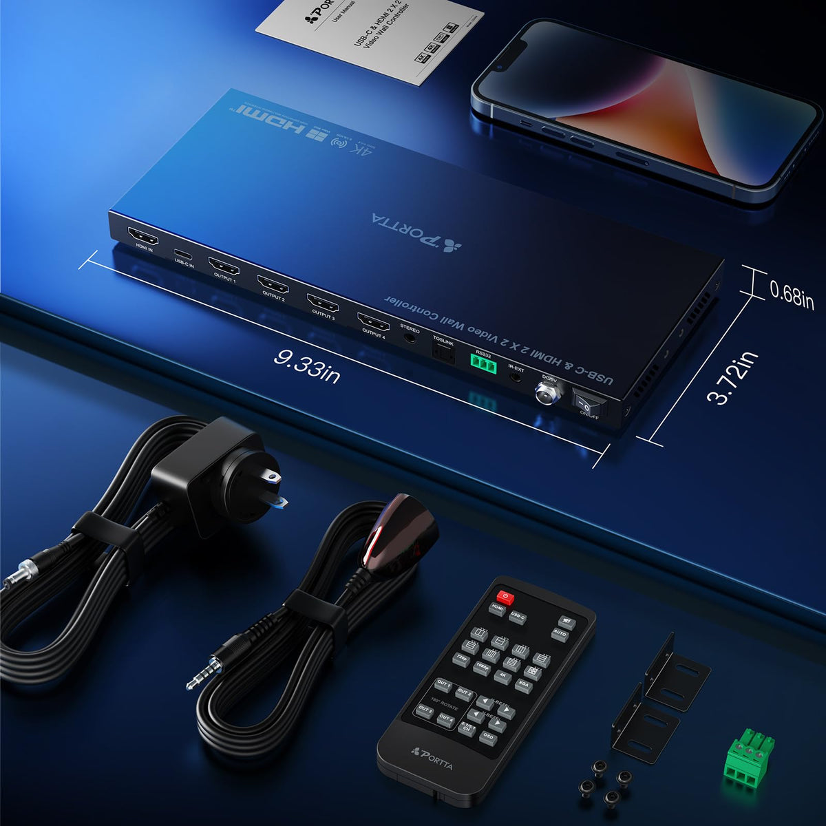 PORTTA 2x2 HDMI or USB-C Video Wall Controller 4K 60Hz, Video Wall Processor with 11 Splicing Modes, RS232, 180° Rotate, Audio Extractor, 2x2,1x2,1x3,1x4,2x1,3x1x4x1, 4 tv Screens into 1 Wall Display