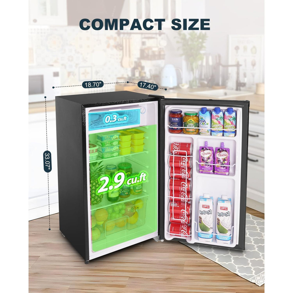 Upstreman 3.2 Cu.Ft Mini Fridge with Freezer, Single Door Mini Fridge, Dorm Fridge, Adjustable Thermostat, Mini Refrigerator for Bedroom, Office, Dorm, Black-BR321