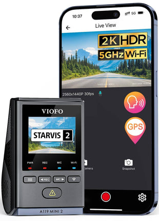 VIOFO Dash Cam A119 Mini 2, STARVIS 2 Sensor, 2K 60fps/HDR 30fps Voice Control Car Dash Camera with 5GHz Wi-Fi GPS, Night Vision 2.0, 24H Parking Mode, Supercapacitor (SD Card Not Included)