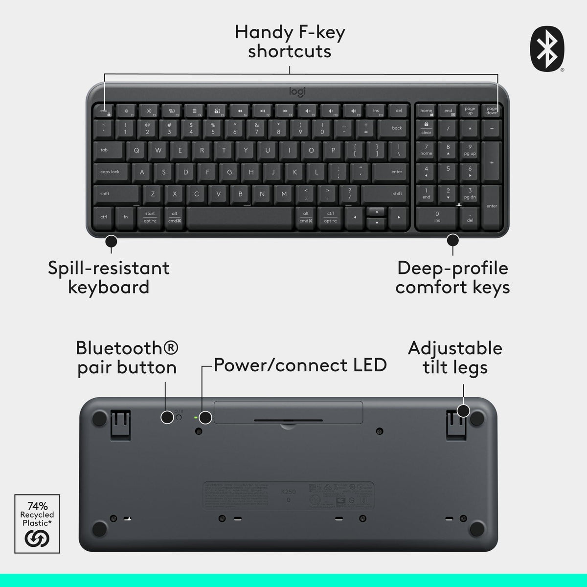 Logitech MK250 Bluetooth Wireless Mouse and Keyboard Combo: Fast & Easy Connectivity, Compact Wireless Keyboard, Ambidextrous Mouse, Durable Build - Windows/MacOS - Graphite