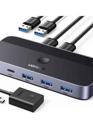 UGREEN USB 3.0 Switch 2 Computers Sharing USB C & A Devices, 4 Port USB Switcher Sharing Keyboard and Mouse, Printer/Scanner USB Switch Hub for Two Computers with 2 USB3.0 Cables and Controller