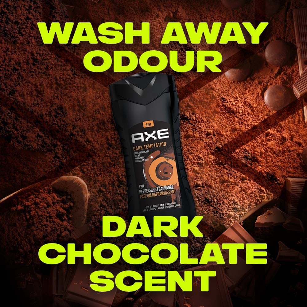 AXE Dark Temptation 3 In 1 Body, Face & Hair Wash for Men, Long-Lasting Refreshing Dark Chocolate Fragrance, Natural Origin Ingredients, Removes Odor & Bacteria, Dermatologically Tested 250ml