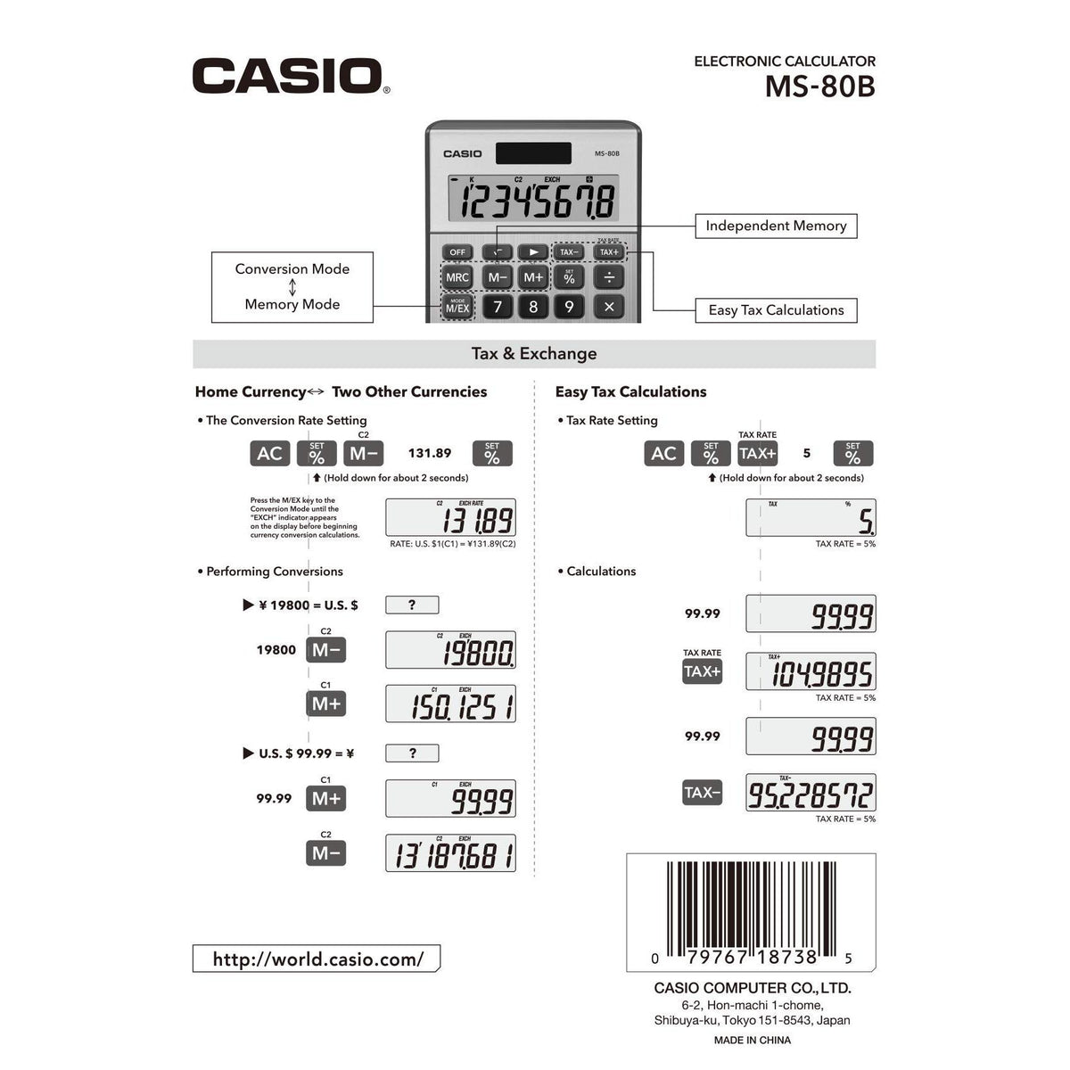 Casio MS-80B Calculator – Desktop Calculator with Tax & Currency Tools | General Purpose | Large Display | Ideal for Home, Office & Everyday Math