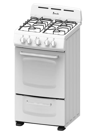 Avanti Gas Range Oven, Compact Freestanding Design, 4 Burners with Electronic Ignition, 2.1 Cu.Ft. Capacity Features Solid Door Storage Drawer Broiler and Accessories, 20-Inch, White