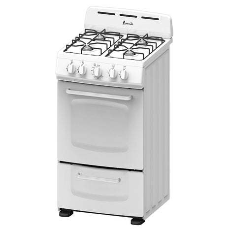 Avanti Gas Range Oven, Compact Freestanding Design, 4 Burners with Electronic Ignition, 2.1 Cu.Ft. Capacity Features Solid Door Storage Drawer Broiler and Accessories, 20-Inch, White