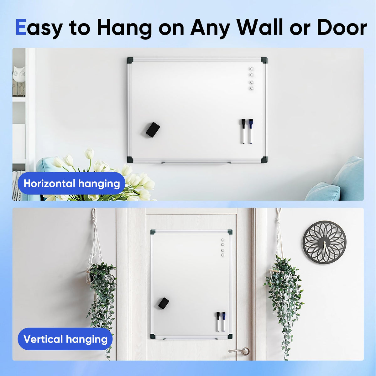 VUSIGN 24" x 18" Magnetic Whiteboard for Wall, Dry Erase Board with Silver Frame, Hanging White Board for Office, Home, School, Dorm – Includes Markers, Magnets & Eraser