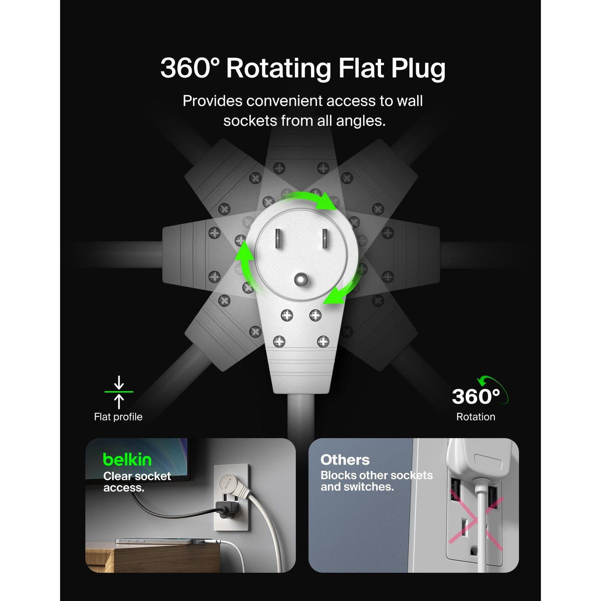 Belkin 6-Outlet Surge Protector Power Strip, 6ft Cord, 360° Rotating Plug - 1080 Joules Protection