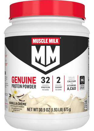 Muscle Milk Genuine Protein Powder, Vanilla Crème, 1.93 Pounds, 12 Servings, 32g Protein, 2g Sugar, Calcium, Vitamins A, C & D, NSF Certified for Sport, Energizing Snack, Packaging May Vary