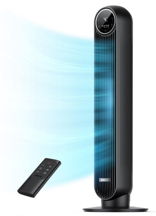 DREO Tower Fan for Bedroom, 28ft/s Velocity, 20dB Ultra Quiet, 8 Speeds | 2026 Upgraded DC Motor, 90° Oscillating, 4 Modes Standing Fan, Bladeless Fan for Indoors, Floor Fans with Remote, Black