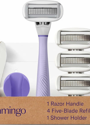 Flamingo Shaving Razor Set for Women - Original Razor Handle, 4 Blade Refills, and Shower Holder - Lilac