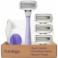 Flamingo Shaving Razor Set for Women - Original Razor Handle, 4 Blade Refills, and Shower Holder - Lilac