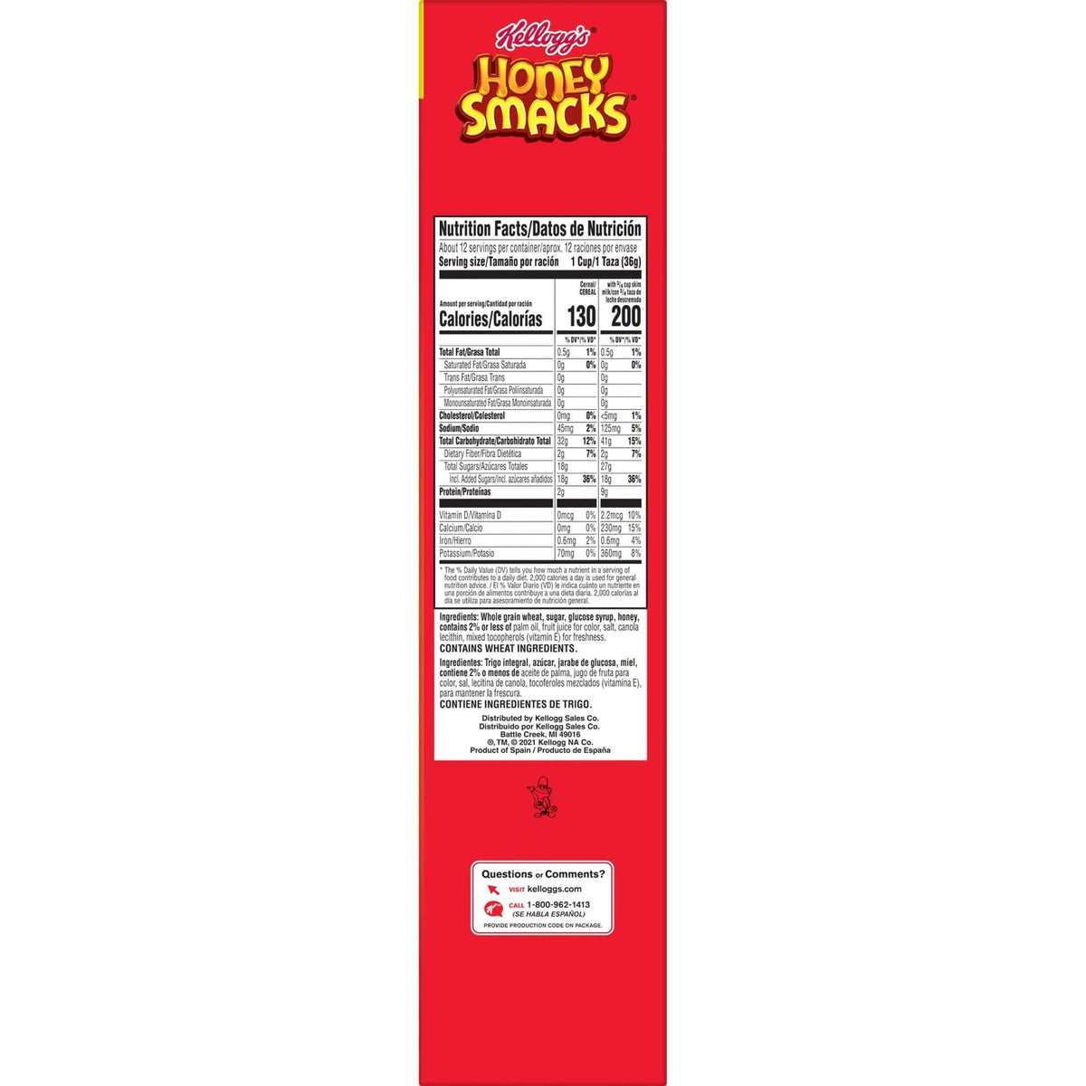 Kellogg's Honey Smacks Breakfast Cereal, Made with Whole Grain, Kids Snacks, Large Size, Original, 15.3oz Box (1 Box)