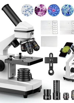 PalliPartners Compound Microscope for Adults & Students, White | 100X-2000X High-Power, Biological Microscope, School Lab & Home Education, with Slides Set & Phone Adapter