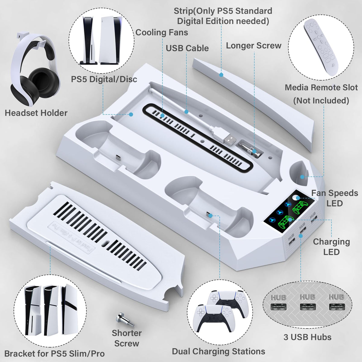 PS5/PS5 Slim/PS5 Pro Stand and Cooling Station with Dual Controller Charging Station for PlayStation 5 Console, PS5 Accessories Incl. Controller Charger, Cooling Fan, Headset Holder, 3 USB Hub, White