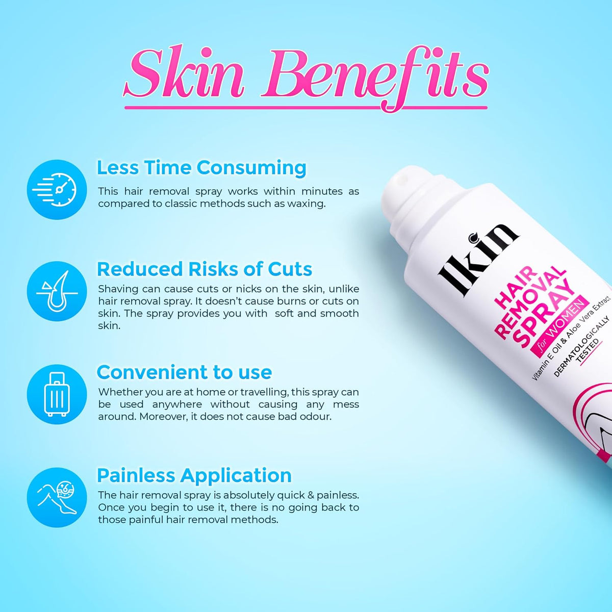 Ikin Hair Removal Spray for Women, 200gm | Vitamin E Oil & Aloe Vera Extract | Quick & Painless Hair Removal Spray For Armpits, Legs, Arms & Intimate Areas | Dermatologically Tested