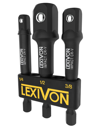 LEXIVON Impact Grade Socket Adapter Set, 3" Extension Bit With Holder | 3-Piece 1/4", 3/8", and 1/2" Drive, Adapt Your Power Drill To High Torque Impact Wrench (LX-101)