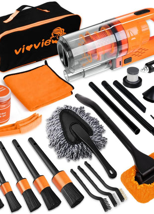 Car Detailing Kit Interior Cleaner, 17Pcs Car Cleaning Supplies with High Power Portable Car Vacuum, Detailing Brush Set, Windshield Cleaner, Orange Car Accessories for Women Men Teens Kids