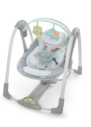 Ingenuity Swing 'n Go 5-Speed Baby Swing - Foldable, Portable, 2 Plush Toys & Sounds, 0-9 Months 6-20 lbs (Hugs & Hoots)