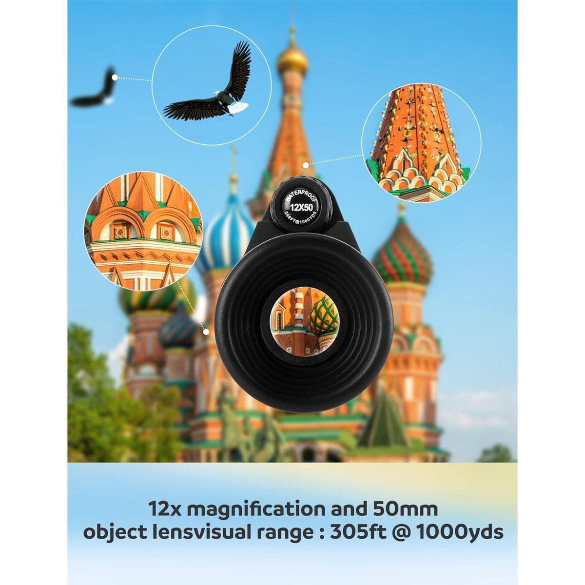 12x50 High-Power Monocular Telescope with Smartphone Tripod, Portable Bag - Ideal for Bird Watching, Hunting, Hiking, Camping - Large Vision with BAK4 Prism and FMC Lens Technology