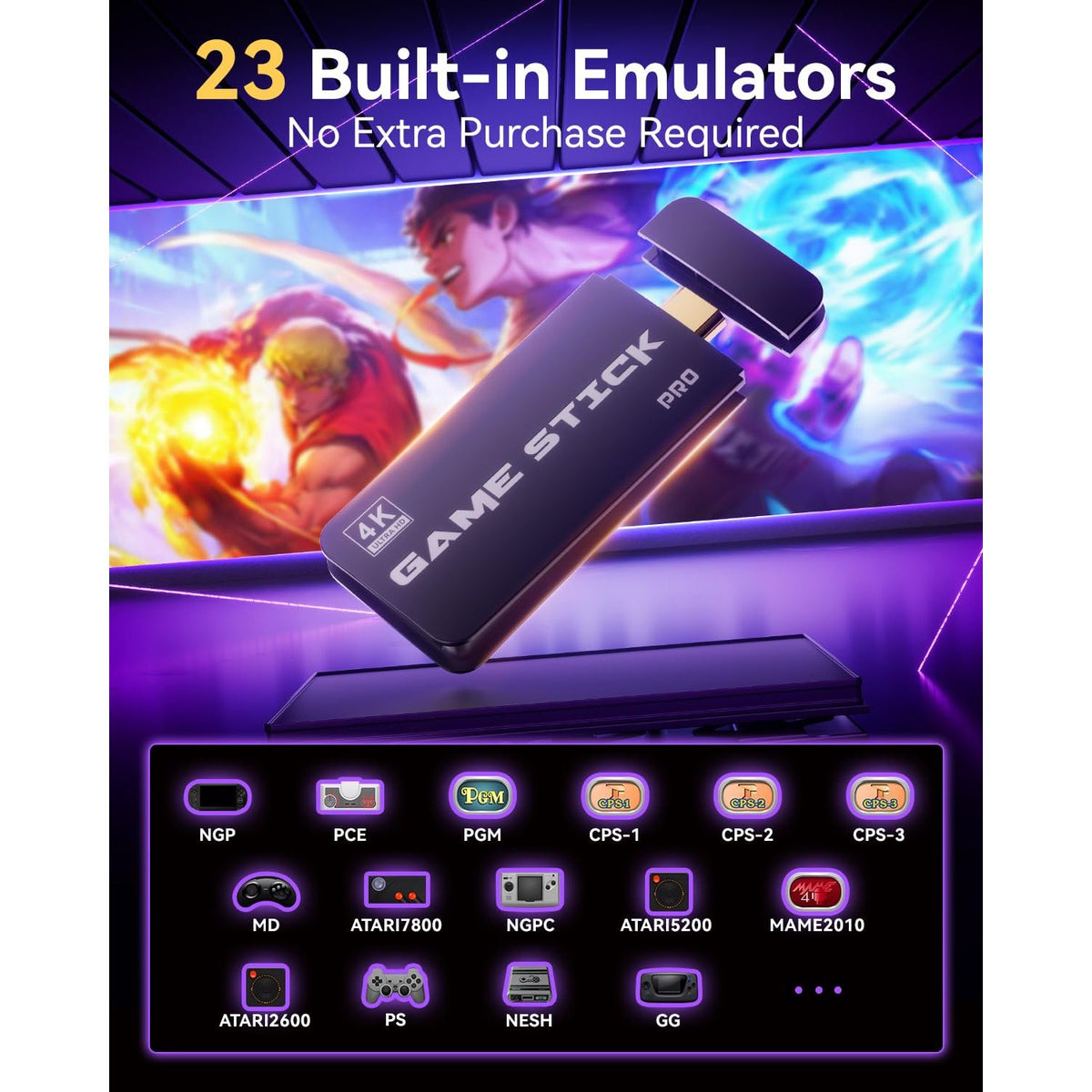 Retro Gaming Console, 20,000+ Retro Game Stick, 23 Emulators, 4K HD TV Game Stick, Built-in Classic Video Games, Plug & Play Game Console for TV with 2 Wireless Controllers