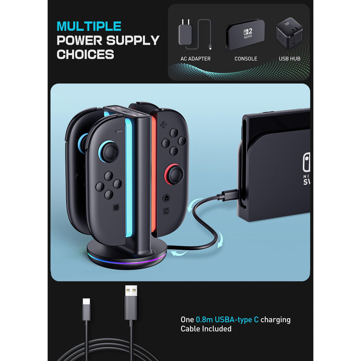 SUPCASE Charging Dock for Nintendo Switch 2 Joy Con, [Supports Dual-Side Charging] [9 Light Modes] Magnetic Controller Fast Charger Stand Station Compatible with Switch 2 Joy Con Accessories, Black