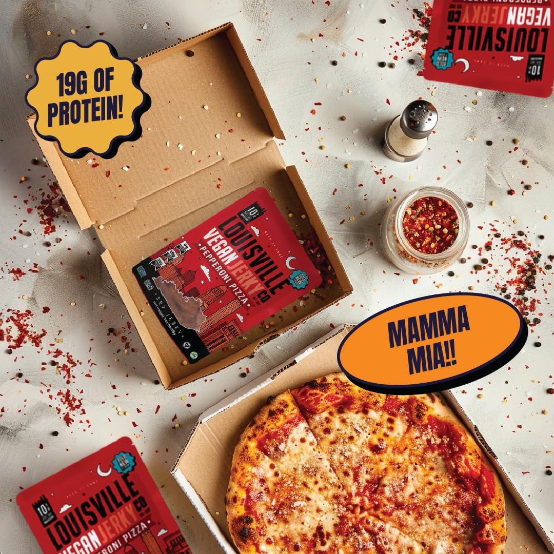 Louisville Vegan Jerky – Pepperoni Pizza Vegan and Vegetarian Friendly Meat - Lip-Smacking Jerky - Gluten-Free High Protein Vegan Snacks 19 grams of Non-GMO Soy Protein, 310 Calories Per Bag