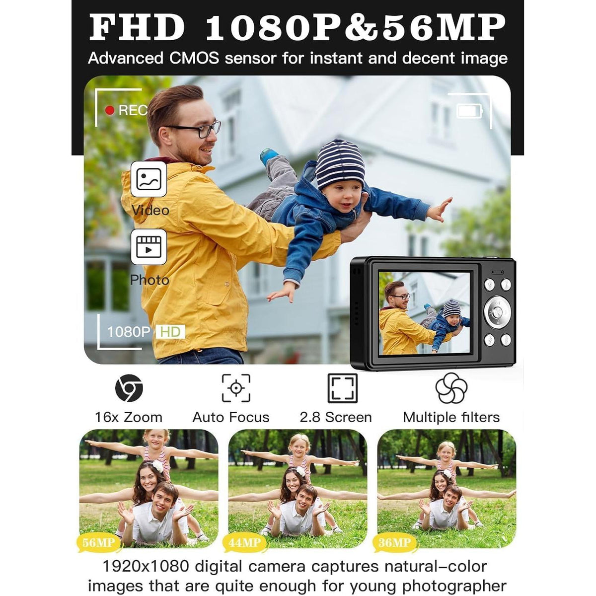 Upgrade Digital Camera, 56MP FHD 1080P for Kids with 16x Zoom Anti Shake, 32GB TF Card, Two Batteries, Lanyard, Compact Small for Boys Girls （Black）