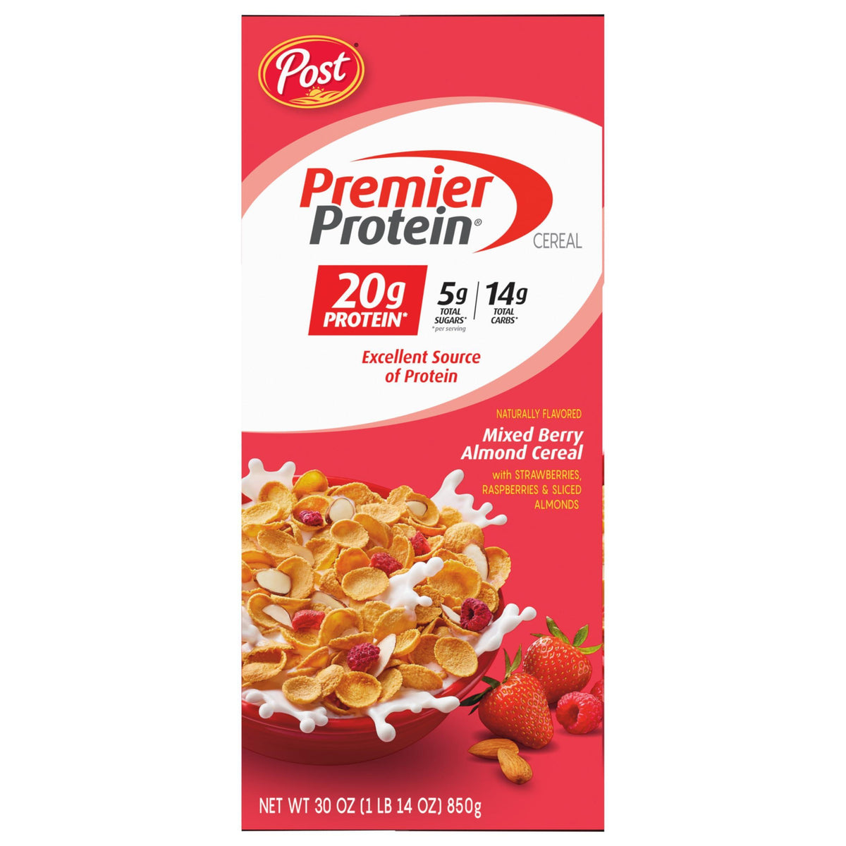 Post Premier Protein Mixed Berry Almond cereal, high protein cereal, protein rich breakfast or snack made with real berries and almonds, 30 Ounce - 1 Count