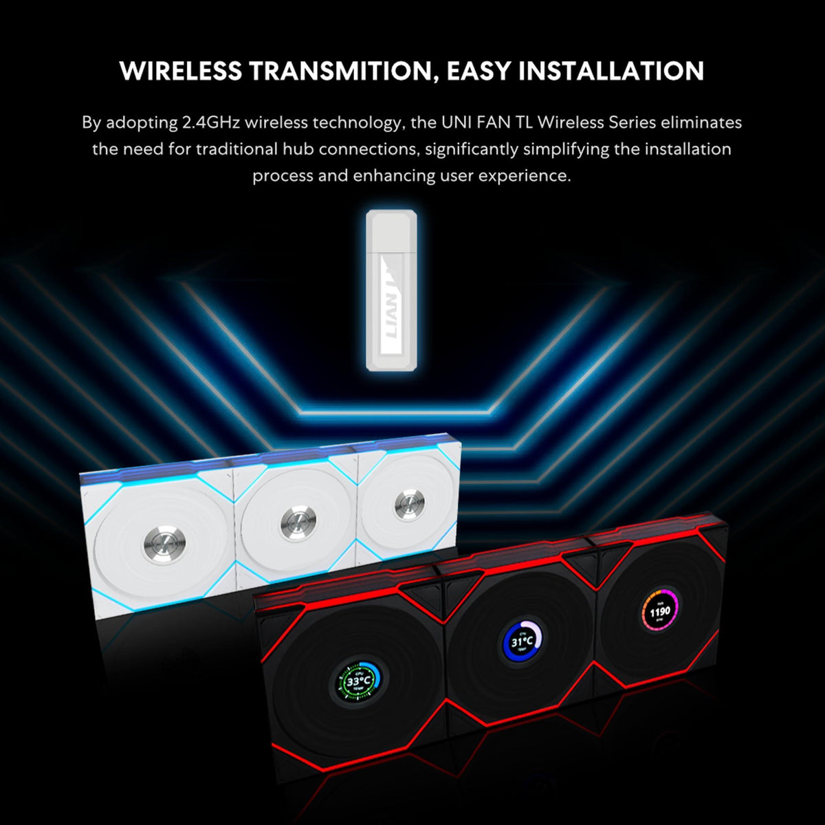 Lian Li UNI Fan TL Wireless 120-Triple Pack-2.4 GHz Wireless Signal ARGB Fan-Infinity Mirror-Daisy-Chain Design-Customizable Lighting Effects-Controller Included & Required - Black (12TL1W3B)