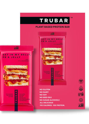 TRUBAR Vegan Protein Bar, Get In My Belly Pb & Jelly, Gluten Free, Plant Based, High Fiber, Dairy Free, Low Fat, Non GMO, No Sugar Alcohols, 12G Lean Protein, 13G Fiber, Healthy Snack Bars, 12 CT