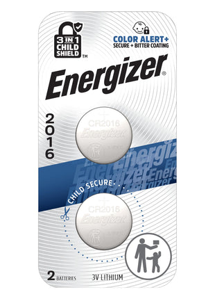 Energizer 2016 Batteries (2 Pack), 3V Lithium Coin Batteries With 3-in-1 Child Shield