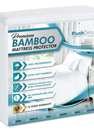 PlushDeluxe Bamboo Waterproof Mattress Protector, King Size, Ultra Soft | Breathable, Noiseless, Hypoallergenic, Washable, 76x80" Up to 18" Deep, Viscose Derived from Bamboo Mattress Cover, White