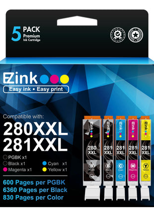 E-Z Ink Compatible Tr8620a Ink Cartridge Replacement for Canon PGI-280XXL CLI-281XXL 280 XXL 281 XXL Compatible with TR8520 TR8620a TR8620 TS702a TS9520 TS9521C TR8520 TS6220 TS6320 TS8220 (5 Pack)