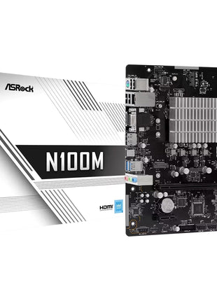ASRock N100M Micro-ATX Motherboard, Intel Quad-Core N100 Processor (up to 3.4 GHz), DDR4, PCIe 3.0, USB 3.2 Gen2 Type-C, Gigabit LAN