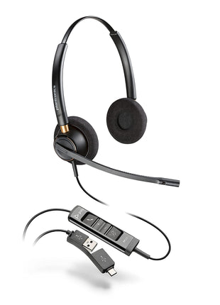 Poly - EncorePro 525 USB-A and USB-C USB Headset (Plantronics) - Acoustic Hearing Protection - Hold & Call Answer Buttons - Dual Ear Wearing Style,Black