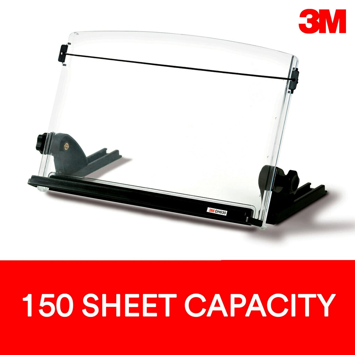 3M Adjustable Document Copy Holder, In-line with Monitor Minimizing Head and Neck Movement, 150 Sheet Capacity Holds Sheets to Books, Elastic Line Guide Keeps Pages Open, 14" Wide, Black (DH630) - Black/Clear