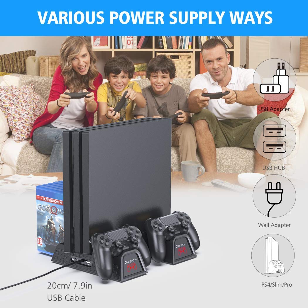 OIVO PS4 Stand for PlayStation 4 Accessory Kits, Cooling Fan Station for PS4 Slim/Pro/PlayStation 4 Consoles, Pro Vertical Stand with Dual Controller EXT Port Charger Dock Station & 12 Game Slots