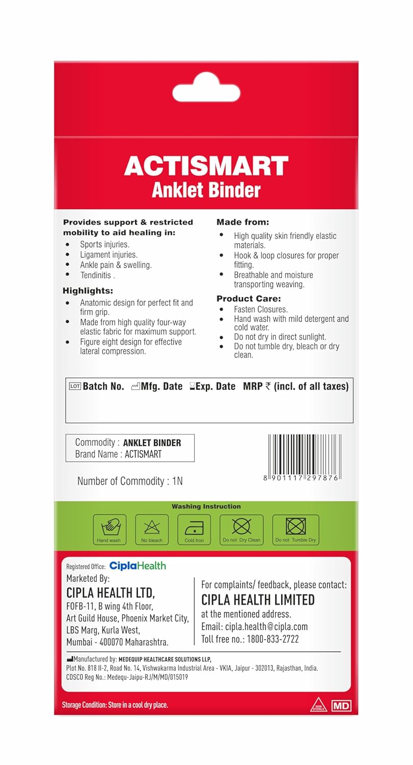 Cipla ACTISMART Anklet Binder | Ankle Binder For Women & Men | Ankle Support For Sports | Promotes Blood Circulation & Provides Support | Medium