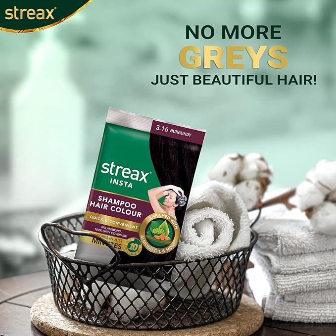 Streax Insta Shampoo Hair Colour For Men's & Women's, Burgundy, 18Ml (Pack Of 16) | Enriched With Almond Oil & Noni Extracts | Long-Lasting Instant Colour