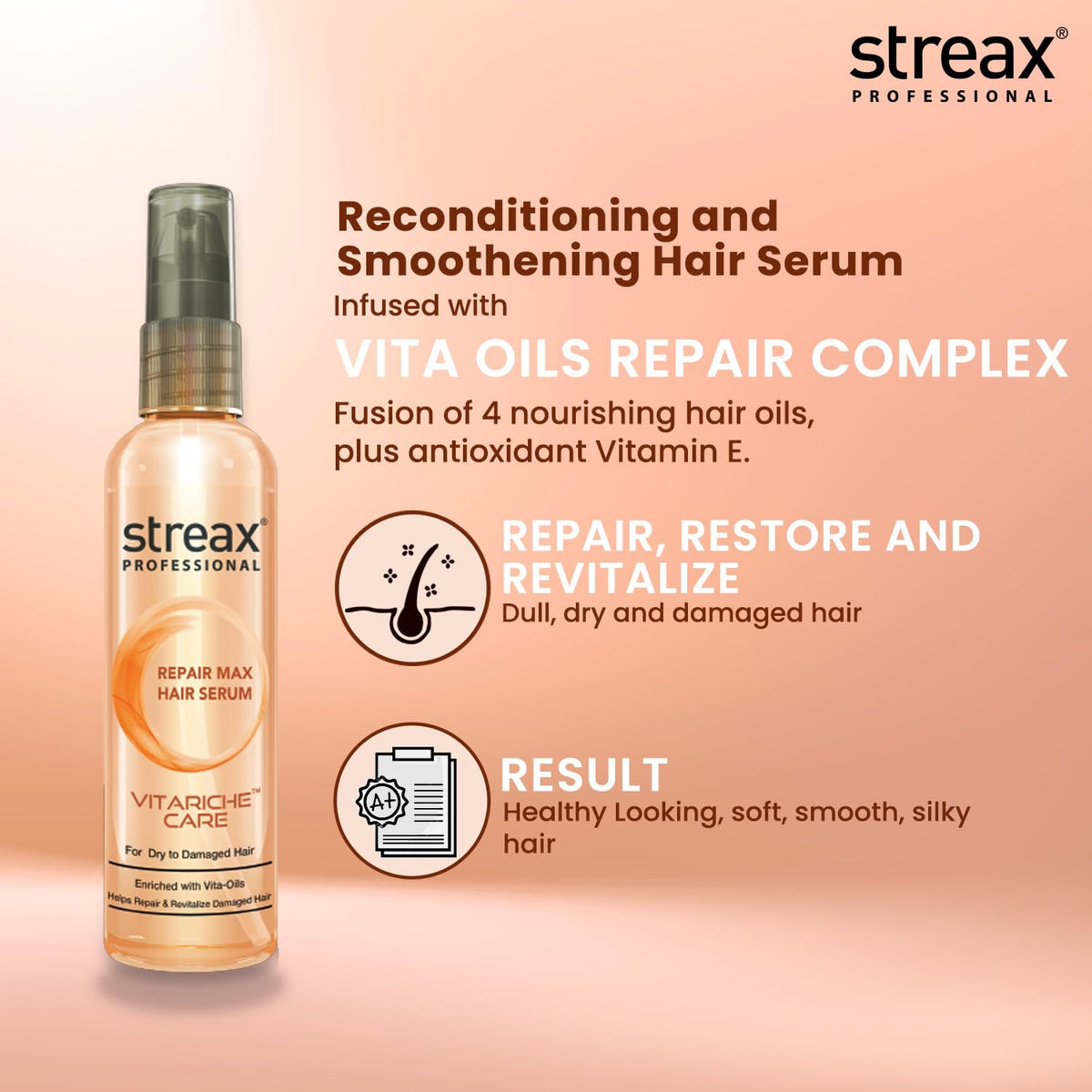 Streax Professional Vitariche Care Repair Max Hair Serum For Women & Men- Intensive Repair & Rejuvenation for Dry & Damaged Hair -Gives Nourished & Healthier Hair - Hair Growth Serum For Men - 100ml