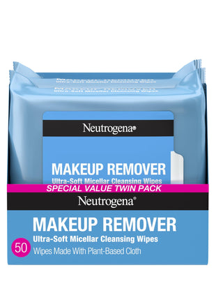 Neutrogena Makeup Remover Wipes Micellar Alcohol-Free Face Towelettes Remove Waterproof Mascara & Oil, Compostable 100% Plant-Based Cloth, Dermatologist & Ophthalmologist Tested, Twin Pack 2 x 25 ct