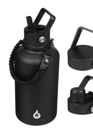 BJPKPK Half Gallon Insulated Water Bottles with Straw Lid, 64oz Large Water Jug, Stainless Steel Bottles with 3 Lids and Paracord Handle, Thermo for Hot & Cold Liquid, Black
