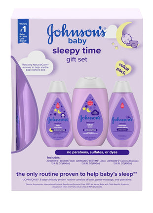 Johnson's Baby Sleepy Time Bedtime Gift Set with Relaxing NaturalCalm Aromas, Bedtime Baby Bath Shampoo, Wash & Lotion, Baby Bedtime Essentials, Hypoallergenic & Paraben-Free, 3 Items