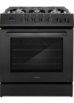 30 in. Nebula Coll 5.0 cu. ft. 5 Burner Gas Range, Convection, Matte Black | Cosmo COS-305AGC-BK Cast Iron Grates, Digital Display with Timer, Metal Knobs, Liquid Propane Convertible, Wok Ring