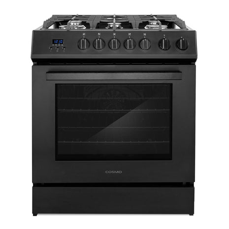 30 in. Nebula Coll 5.0 cu. ft. 5 Burner Gas Range, Convection, Matte Black | Cosmo COS-305AGC-BK Cast Iron Grates, Digital Display with Timer, Metal Knobs, Liquid Propane Convertible, Wok Ring