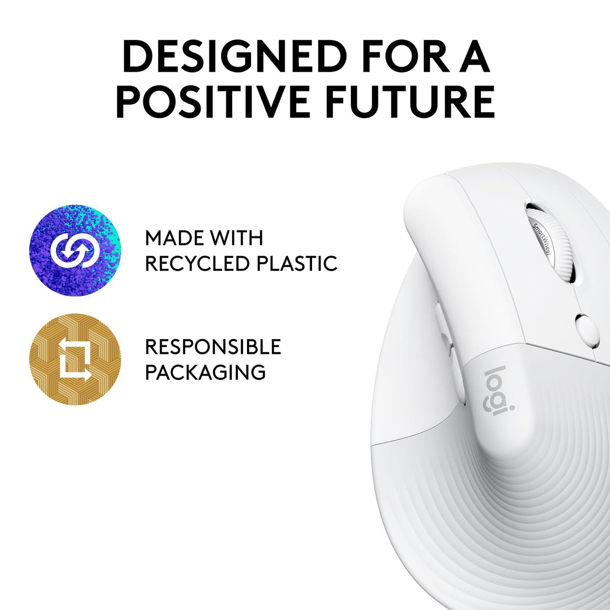 Logitech Lift Vertical Ergonomic Mouse, Wireless, Bluetooth or Logi Bolt USB receiver, Quiet clicks, 4 buttons, compatible with Windows/macOS/iPadOS, Laptop, PC - Off White
