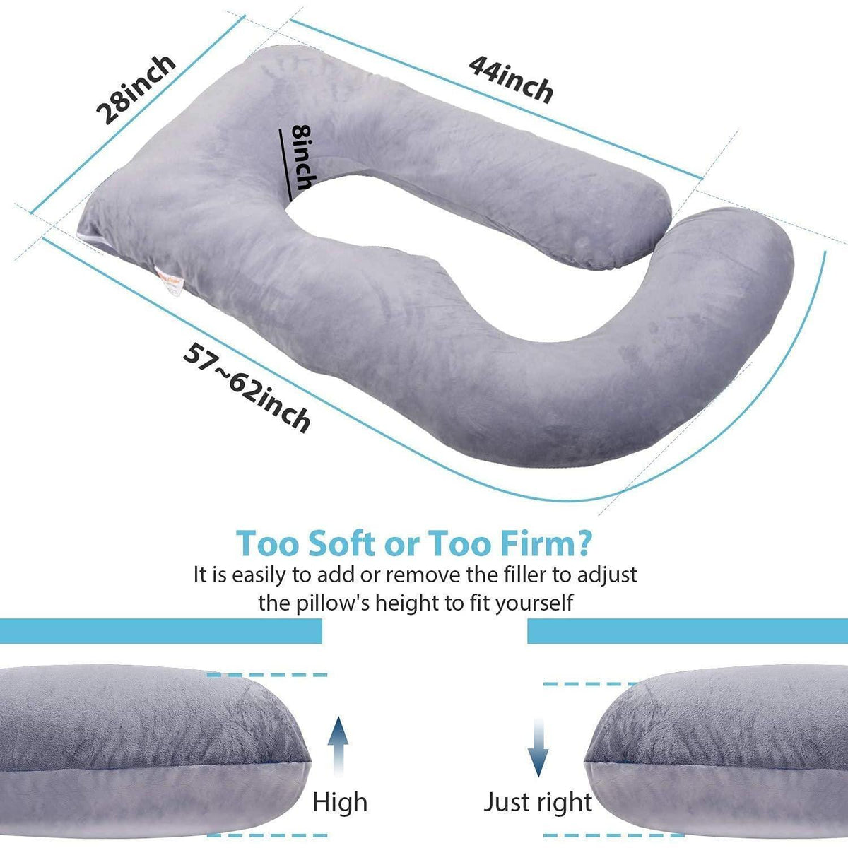 Jcickt Pregnancy Pillow J-Shaped Full Body Pillow, 59 inch with Velvet Cover Easy to Remove and Wash, Support Pregnant Women's Backs Legs and HIPS, Improve Sleep,Pregnancy Pillow for Women ，Gray