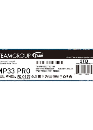 TEAMGROUP MP33PRO 2TB SLC Cache 3D NAND TLC NVMe 1.3 PCIe Gen3x4 M.2 2280 Internal SSD R/W Speed Up to 3500/3000 MB/s Laptop & Desktop TM8FPD002T0C101